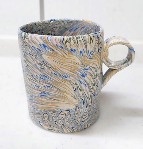 茶道具 瀬戸焼 更紗窯 長江哲男作 練上茶碗 共箱 V 6280 あー