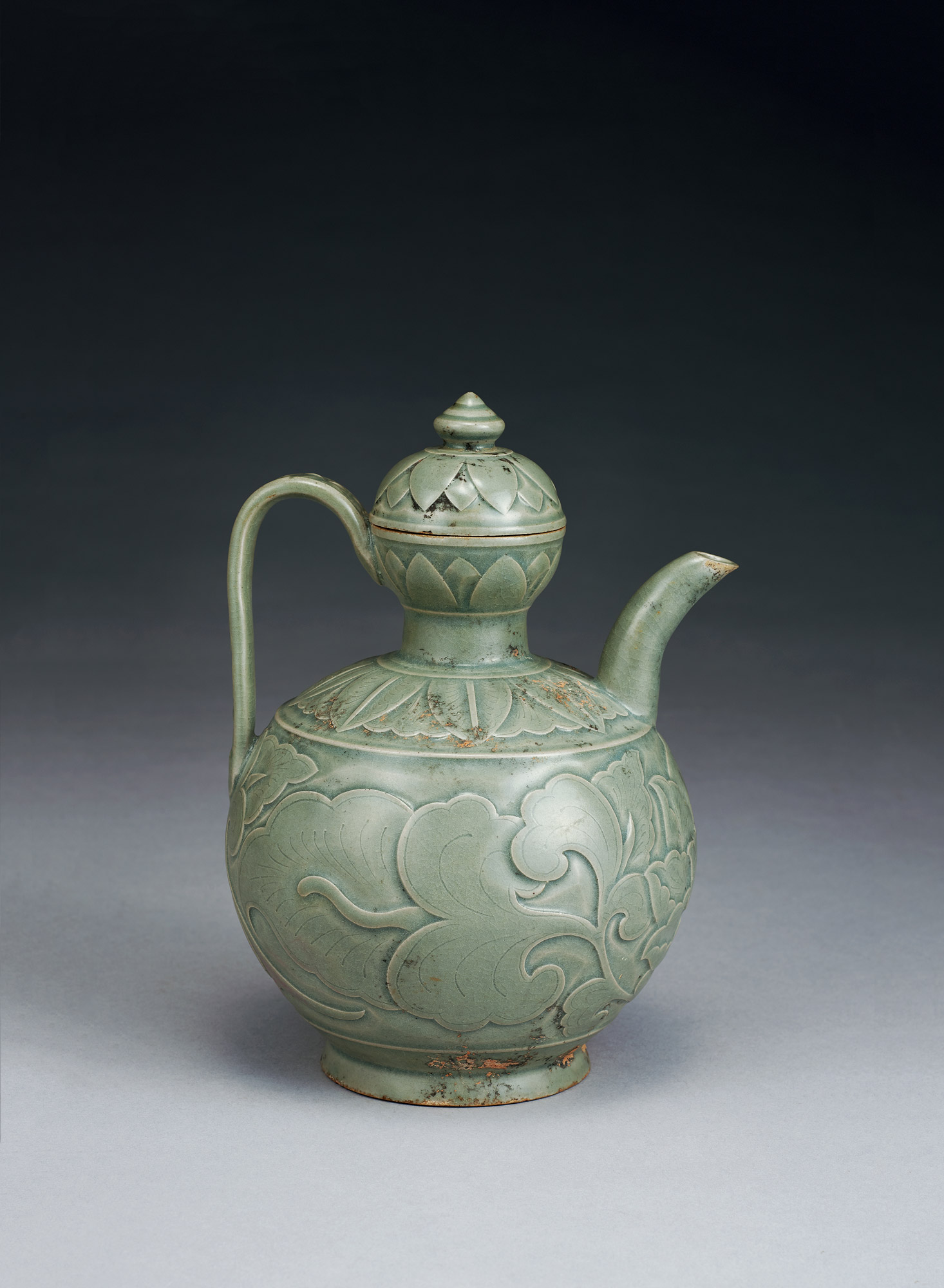 北宋時代 青磁 天目吉州窯菱格紋刻花茶入壺 蓋付き 茶入 茶道具(F-85