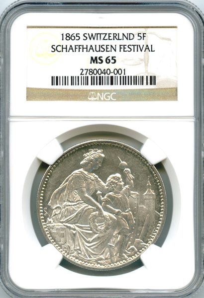 スイス シャフハウゼン 射撃祭 1865年 5フラン 銀貨 NGC MS65 | ARK
