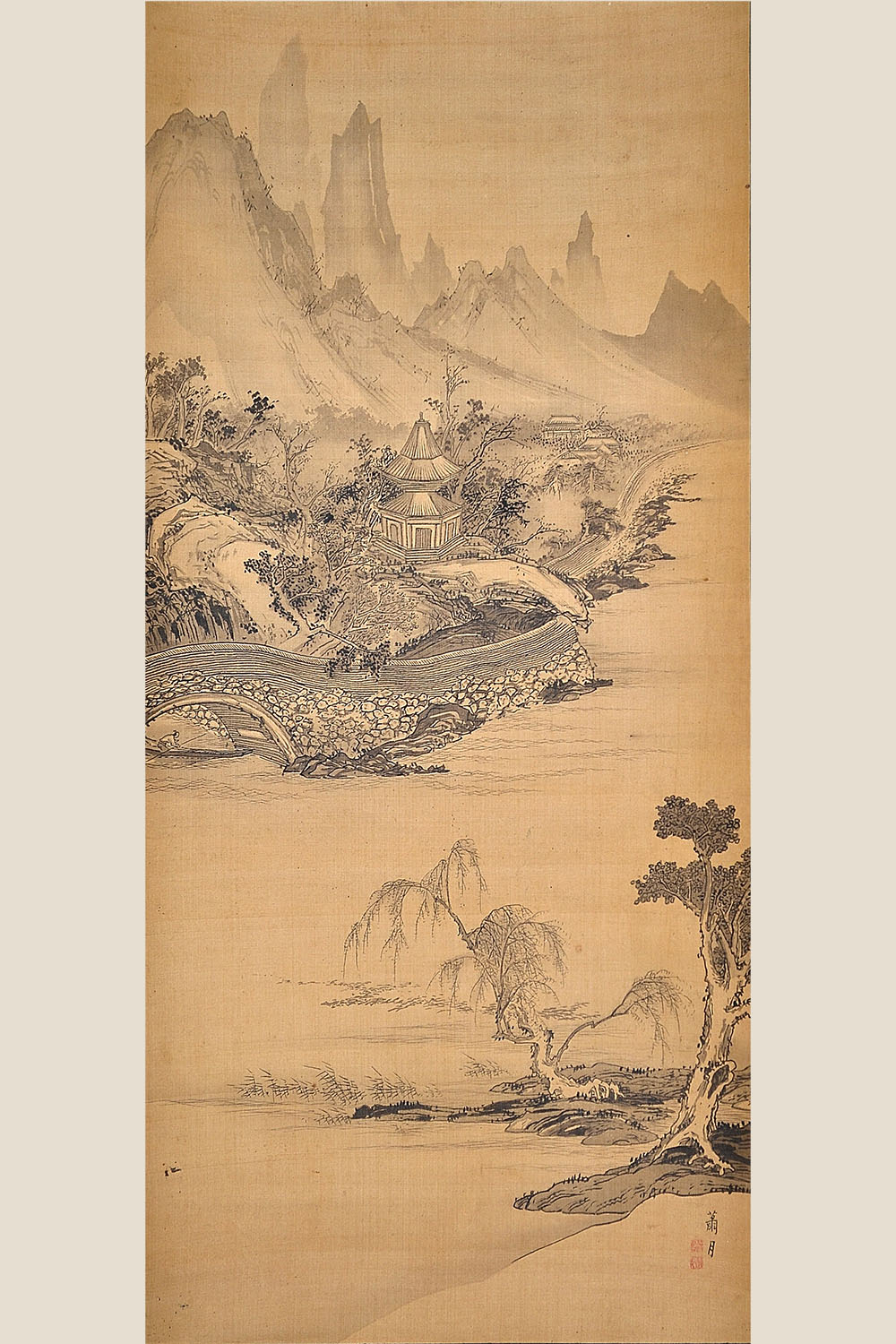 江月宗玩筆紙本彩色水墨画4幅対【竹林に鶏図、竹林に賢人旭日山水楼閣図】