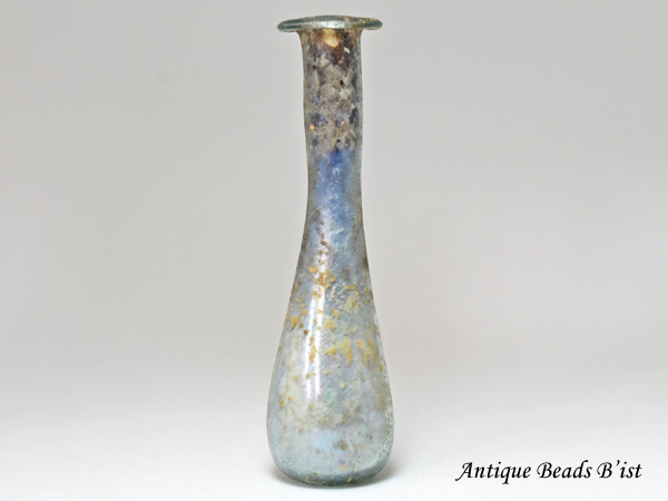 1909】古代ローマングラス内側銀化極薄長頸細長小瓶 ボトル【とんぼ玉