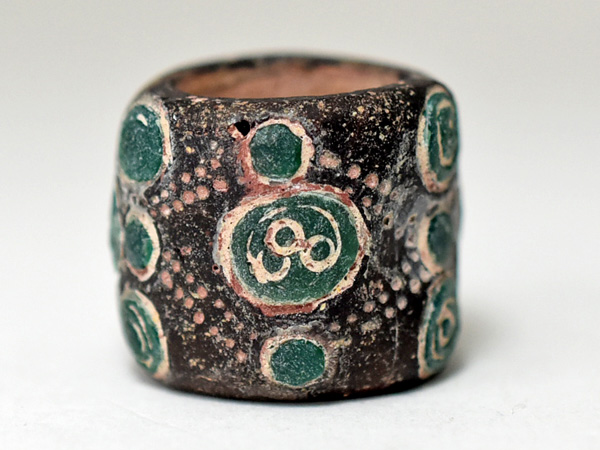 2007】古代中国戦国玉 多眼貼付筒型大玉A2,アンティークビーズ,蜻蛉玉