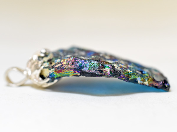 2412】古代ローマングラス極上虹色銀化残欠片シルバー装飾丸環付