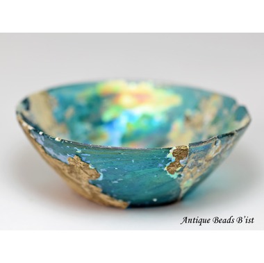 1909】古代ローマングラス半透明エメラルドブルー虹色銀化碗(口径約