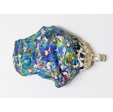 2412】古代ローマングラス極上虹色銀化残欠片シルバー装飾丸環付