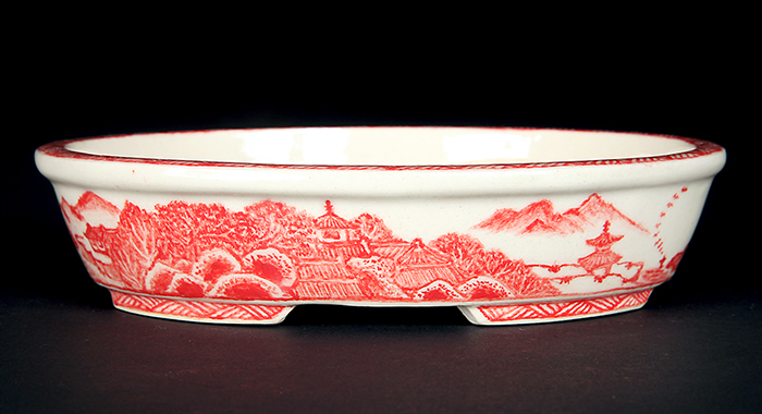 九谷 絵鉢 九谷雄岳 希少 赤絵山水図 九谷焼 ミニ盆栽鉢 盆栽鉢 盆栽