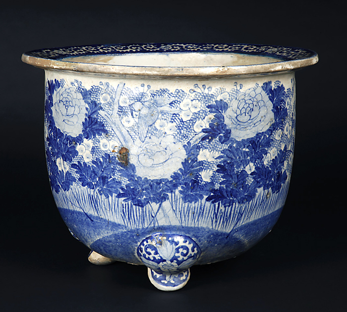 瀬戸染付草花文水鉢 】 目跡10個 江戸期瀬戸焼 瀬戸染