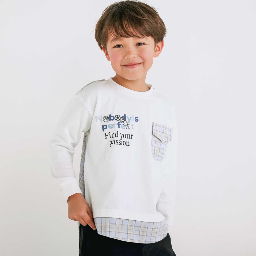 お揃い】裾チェックポケット付きTシャツ(80~130cm)(80cm ホワイト