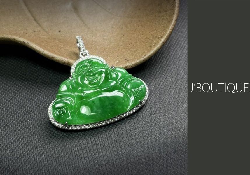 ミャンマー産天然無処理翡翠 仏像 布袋様 ジュエリー ペンダント 明緑