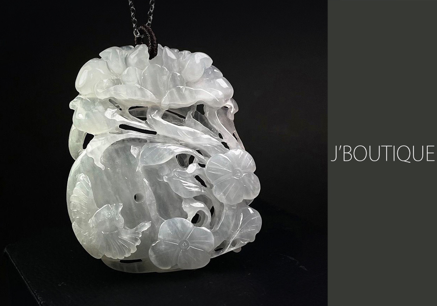 ミャンマー産天然無処理翡翠 吉祥 花鳥 ペンダント 手石 オーナメント