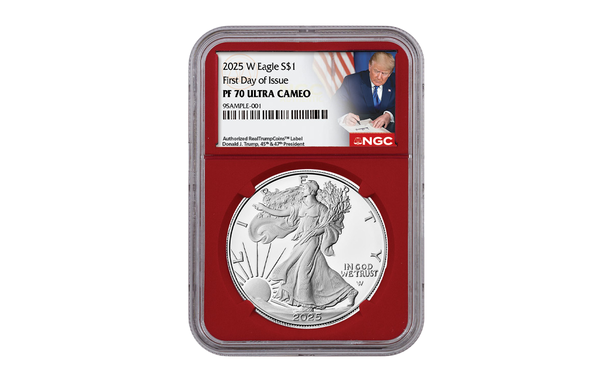 2025 $1 1-oz Silver Eagle NGC MS70 FR w/Trump Label | GovMint