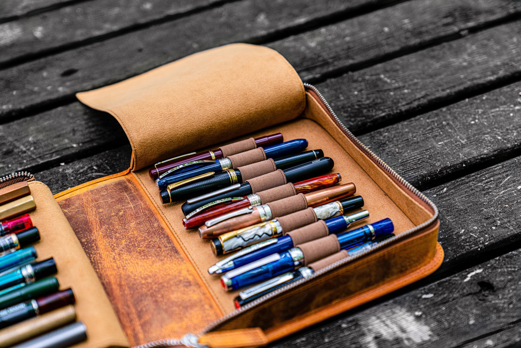 Brown Leather Zippered 40 Slots Pen Case - Galen Leather