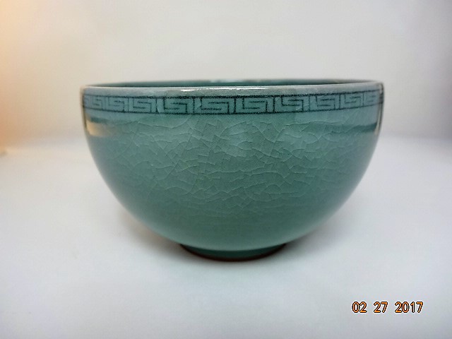 高麗青磁象嵌茶碗 人間文化財 海剛(柳根瀅)「高麗青磁 象嵌唐子茶碗」