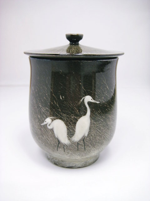 現川焼の伝統 重要無形文化財 横石臥牛作 刷毛目白鷺文