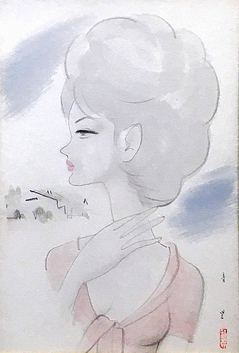 M○希少 東郷青児 婦人像 水彩5号 共箱鑑定書付 東郷青児「