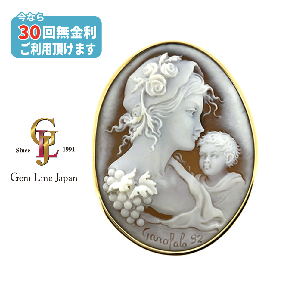 K18 カメオ ブローチ 作家ガロファロ 女性の横顔と花 K18 カメオ