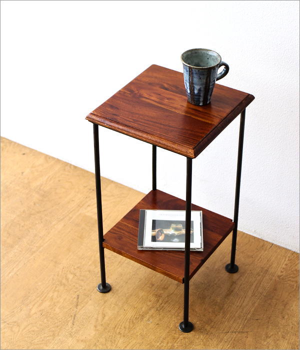 サイドテーブル 花台 木製 アイアン 棚付き 天然木 無垢材 アカシア