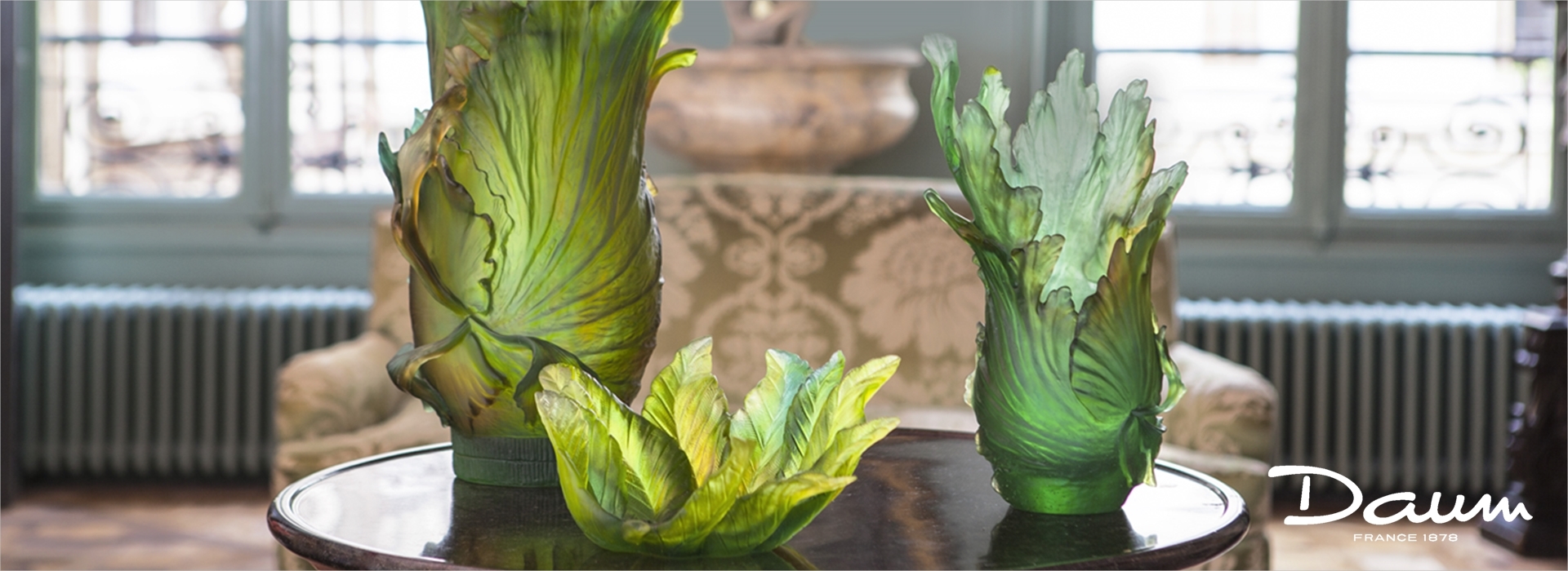 Daum ドーム グリーンの花 パートドべール ガラス クリスタル Daum