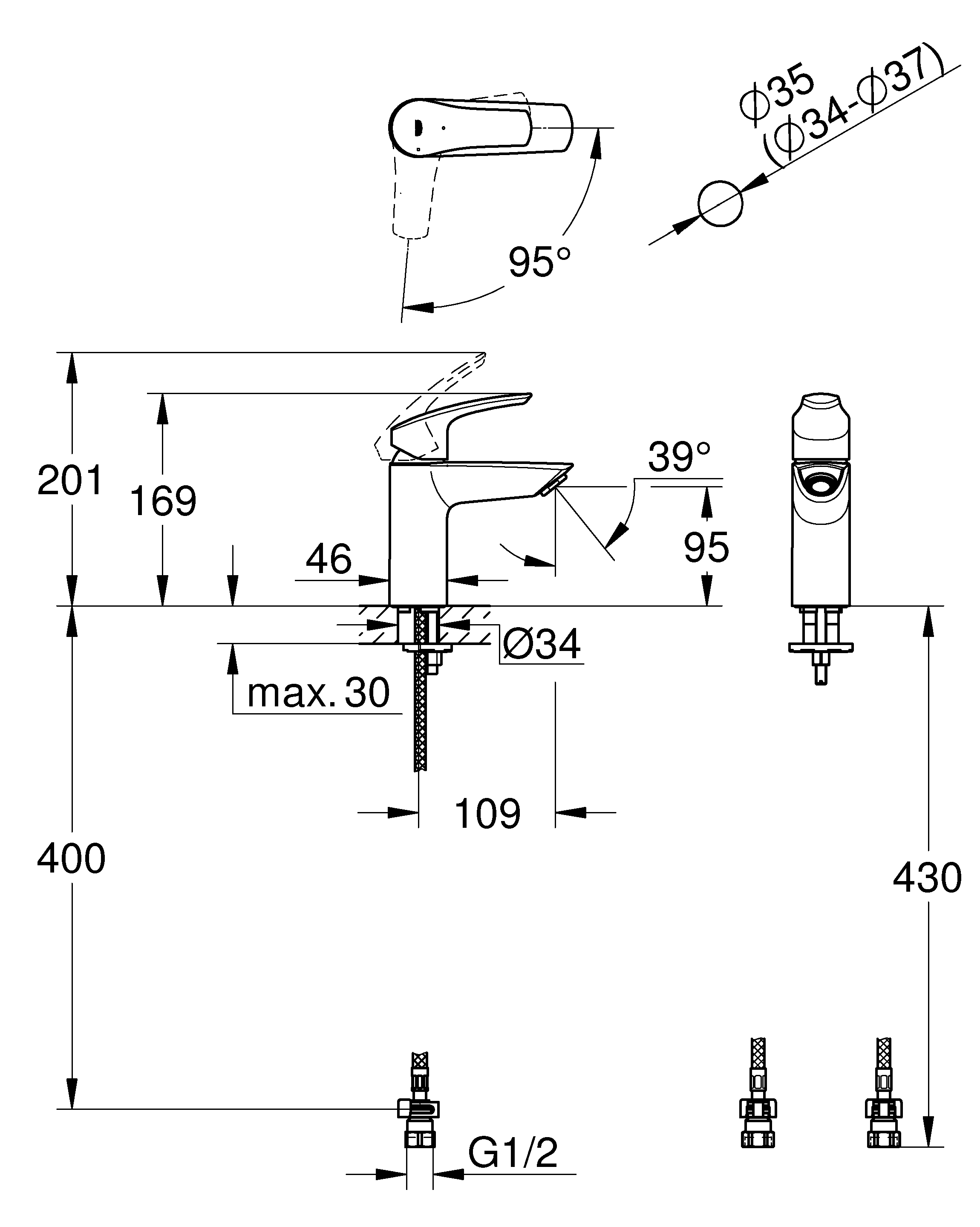シングルレバー洗面混合栓 (引棒なし)寒冷地仕様｜製品情報｜GROHE