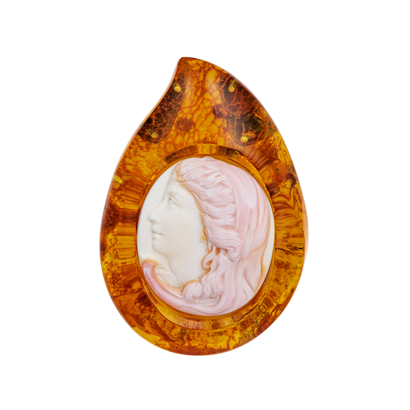 GSTV SV 琥珀 シェルカメオ べっ甲 ペンダントブローチ カメオ 約30×26mm