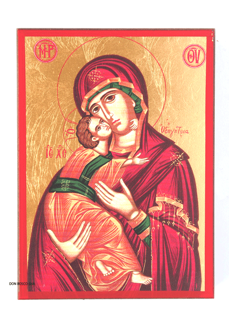 キリスト教 陶器製 聖像画 イコン 聖母子 銅製フレーム M R9408