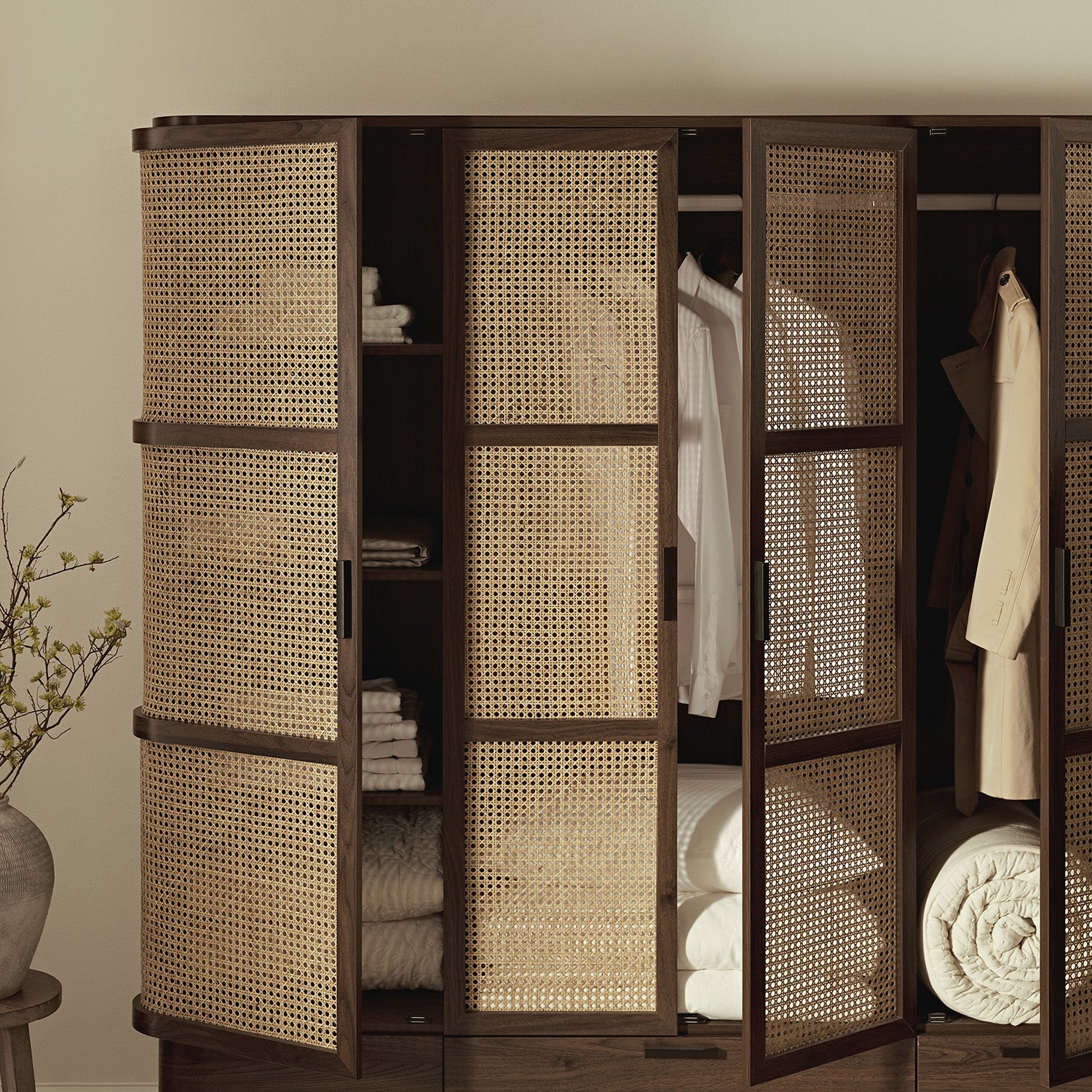 Izzy Curved Rattan 4-Door Closet, Walnut | daals.com