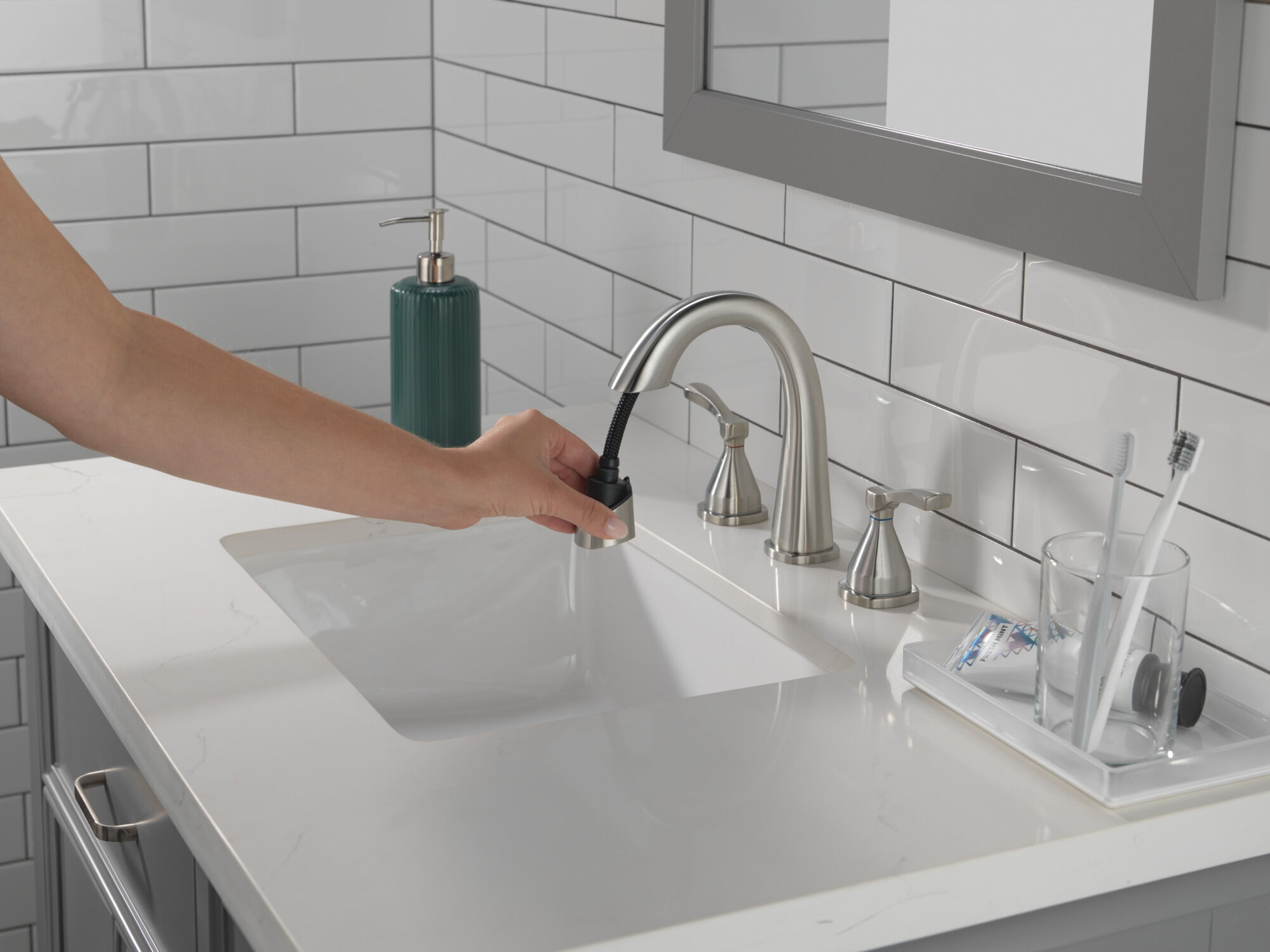 Two Handle Widespread Pull Down Bathroom Faucet in Lumicoat