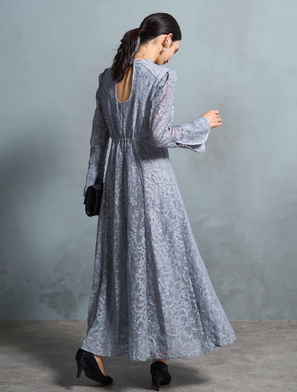 M】総フラワーレースロングスリーブドレス（サックス）DPSET0719の