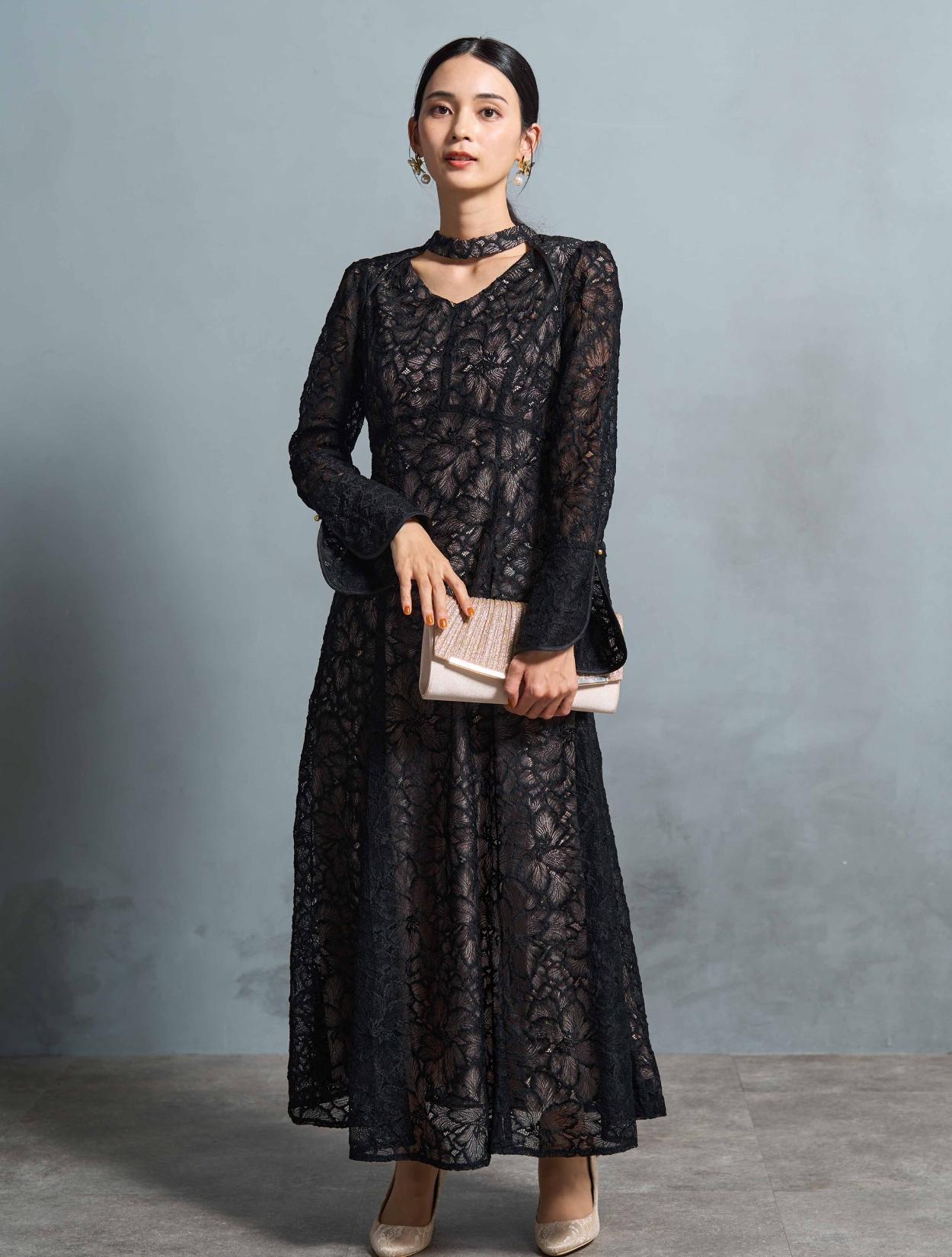 M】総フラワーレースロングスリーブドレス（ブラック）DPSET0722の