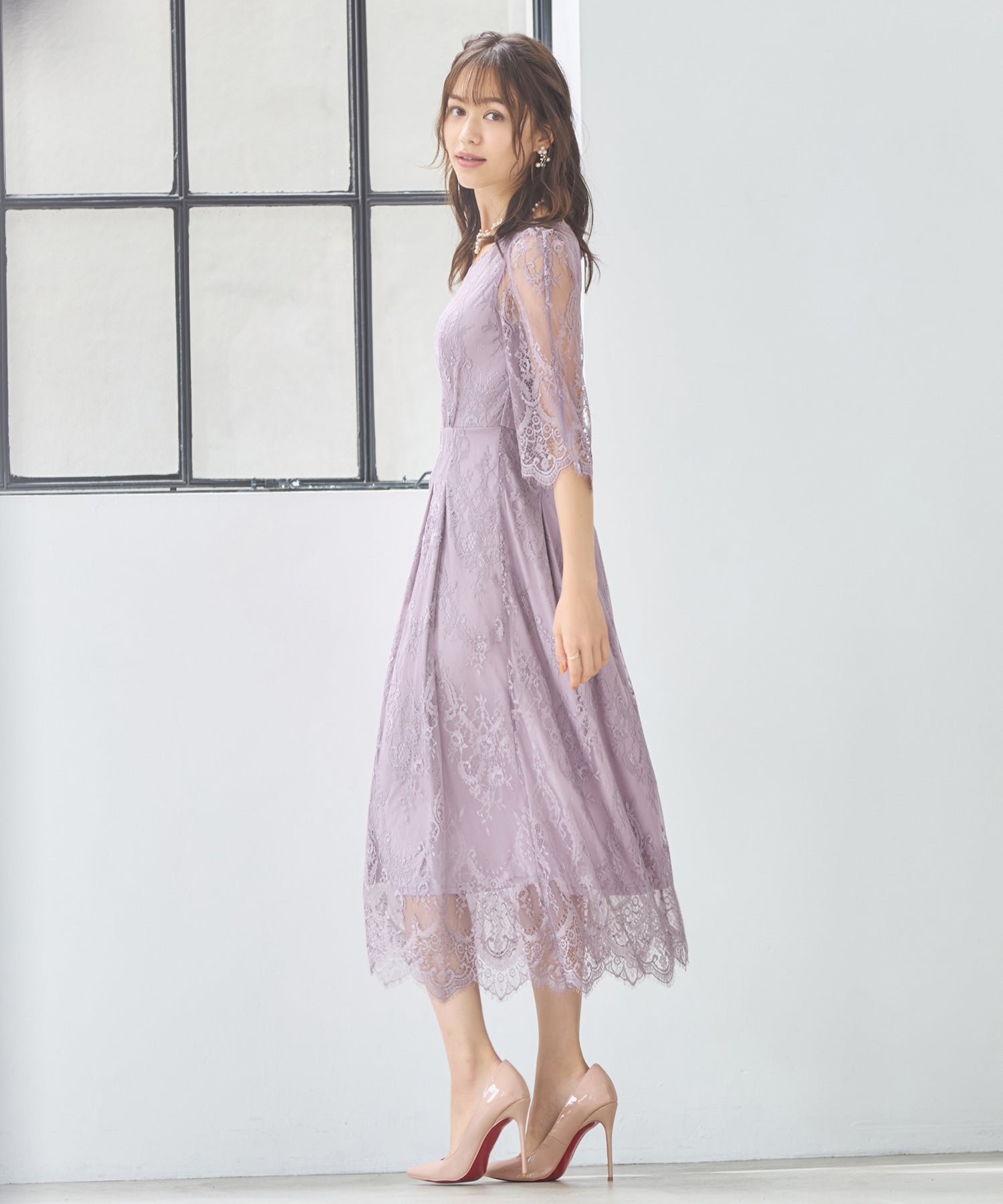 ワンピース ドレス 総レース Aライン ミモレ丈 結婚式 披露宴