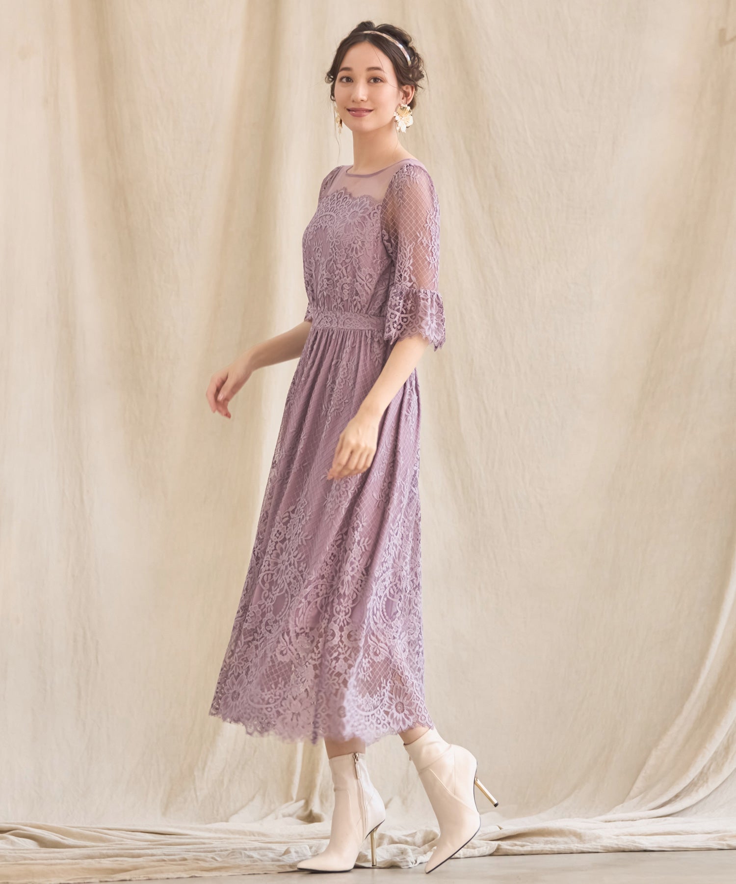 ワンピース ドレス レース チュール フレア Aライン ミモレ丈