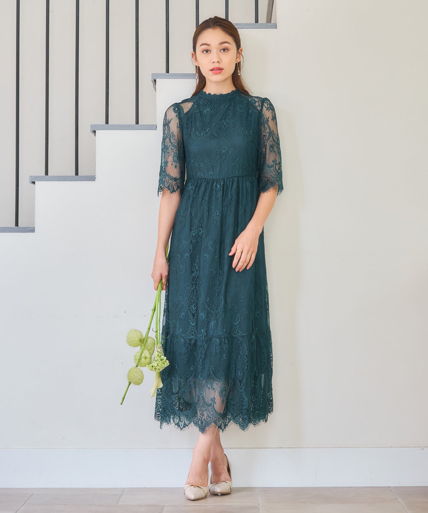 レーススタンドカラーワンピースドレスパーティードレス グリーン