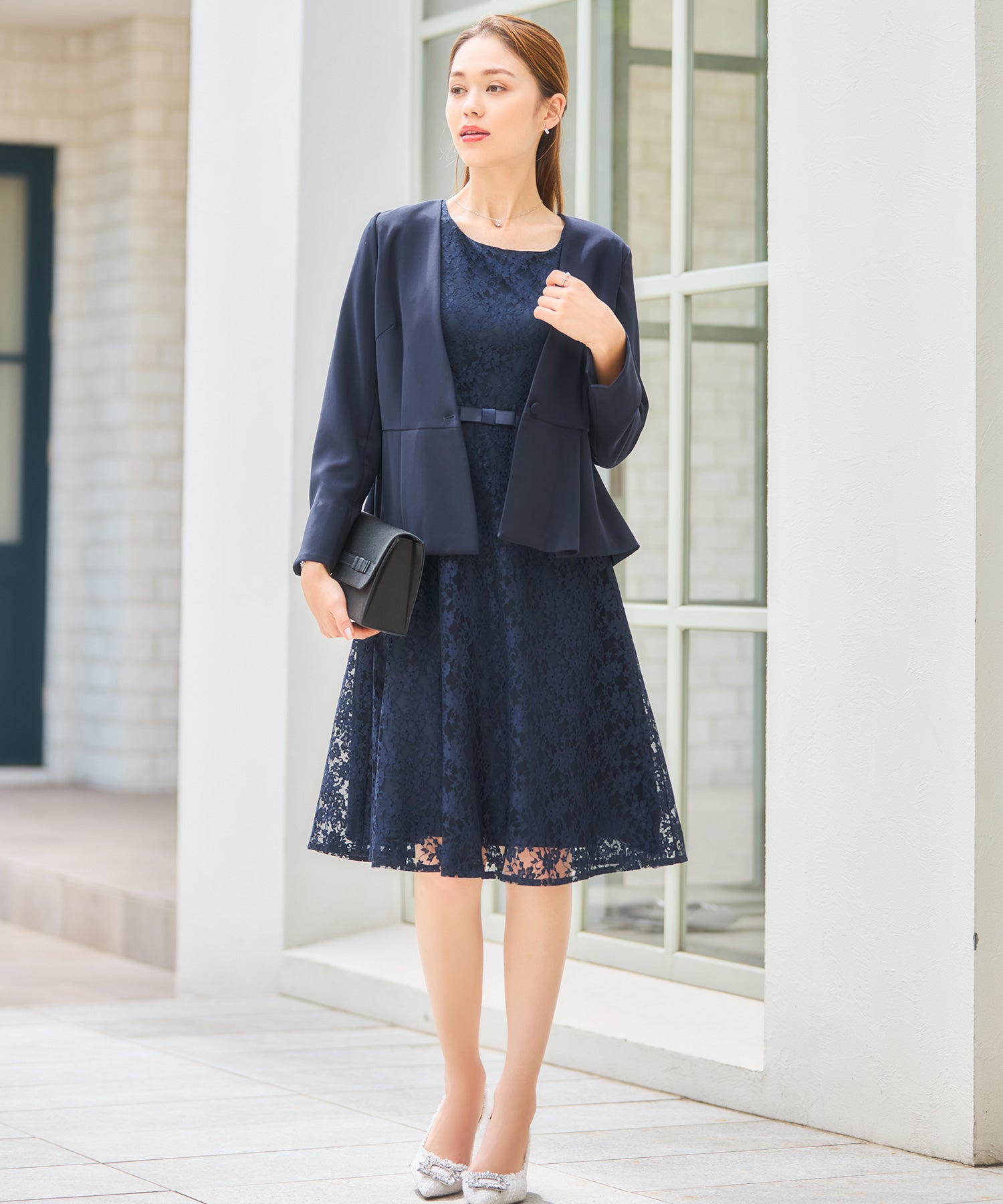 ワンピーススーツ セットアップ ノーカラージャケット ネイビー