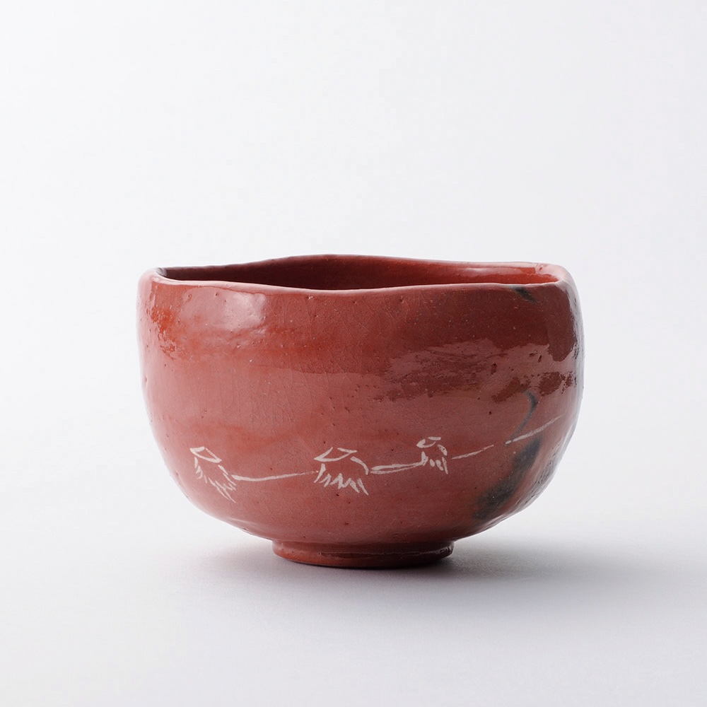 茶道具楽入窯吉村楽入造赤楽茶盌極上曳き舟人物図共箱入