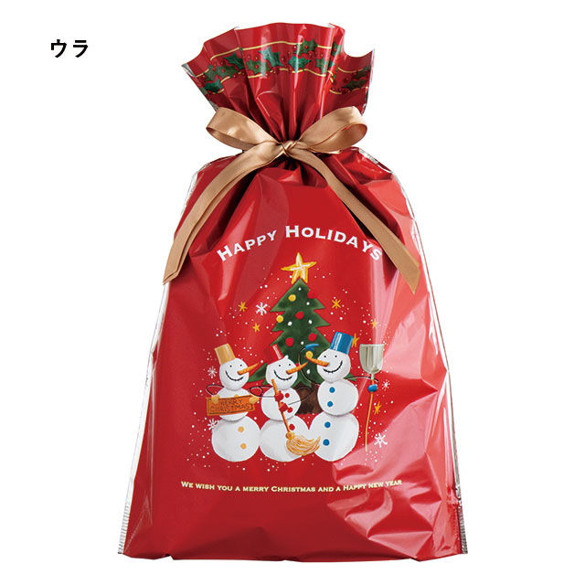 愉快なクリスマスリボン付PPギフト巾着袋-M｜ギフト、ラッピング用品