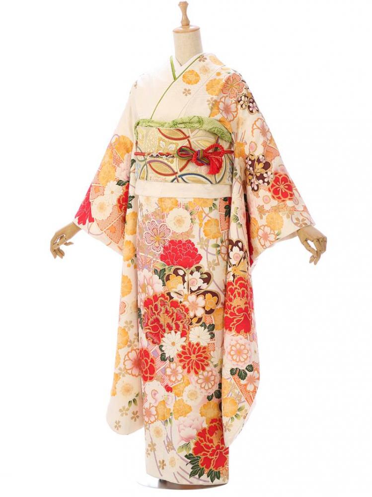 振袖|白系|桜 牡丹 |1S1609|対応身長:148-158cm|ｻｲｽﾞ:7号-13号｜全国