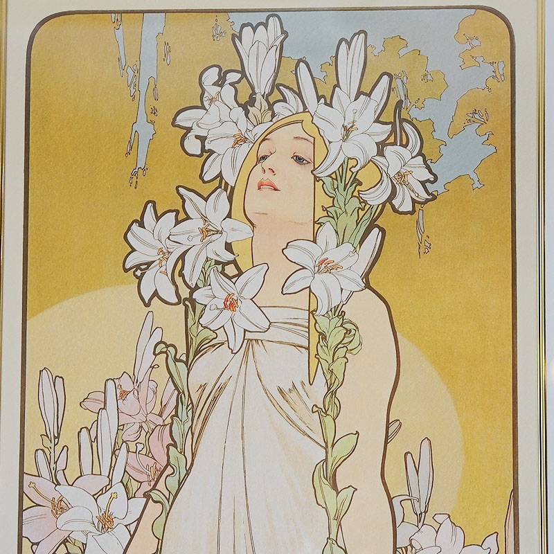 ミュシャ 四つの花（アイリス・バラ）絵画額縁つき