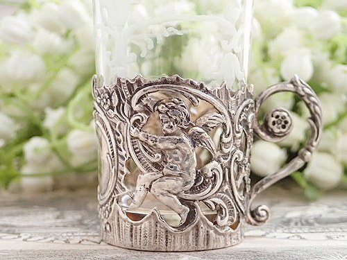 天使が戯れる純銀グラヴィールリキュールグラス（在庫6/残り1） - 薔薇