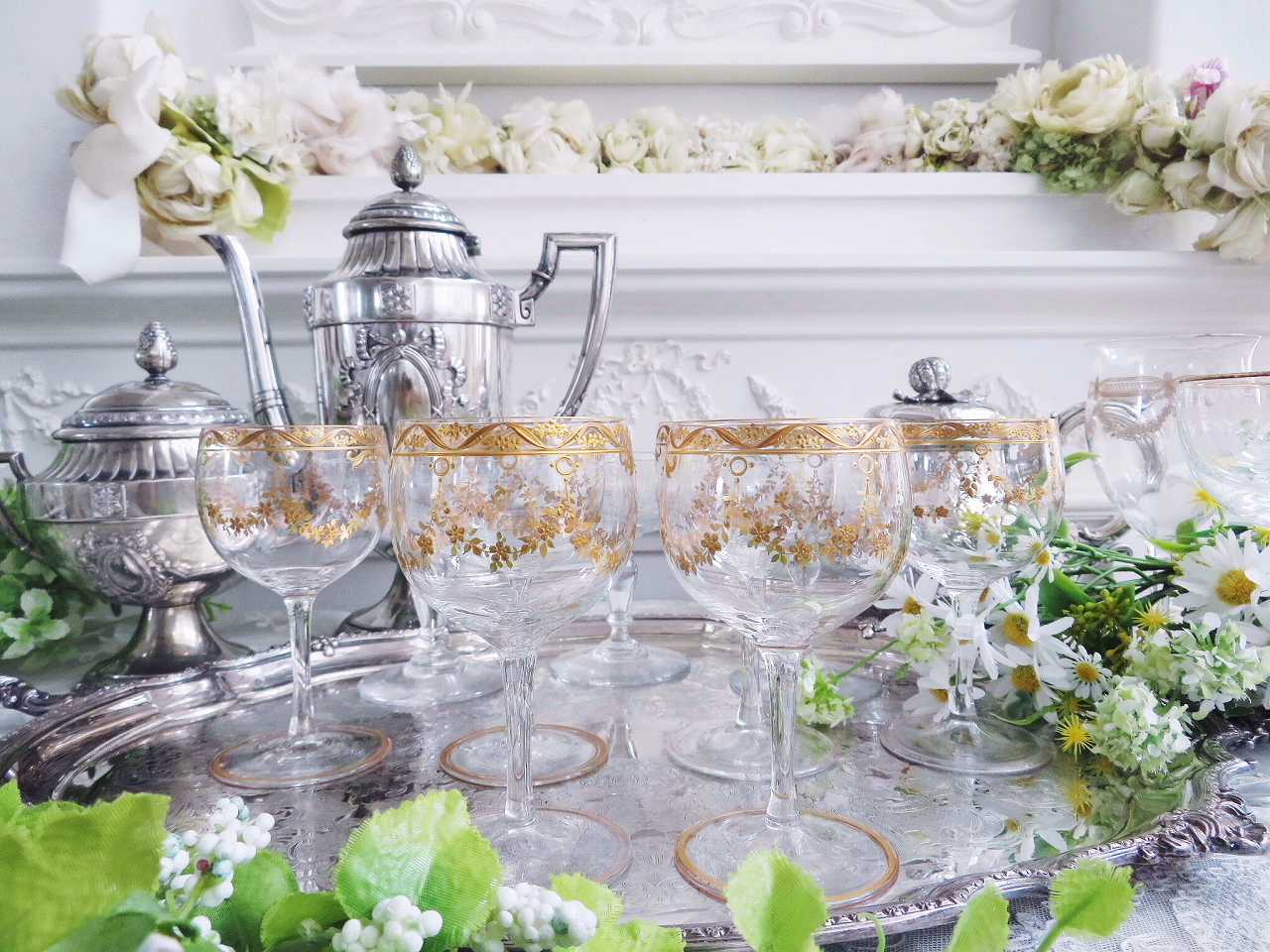 モーゼル金彩 薔薇ガーランドのワイングラス6点セット - アンティーク