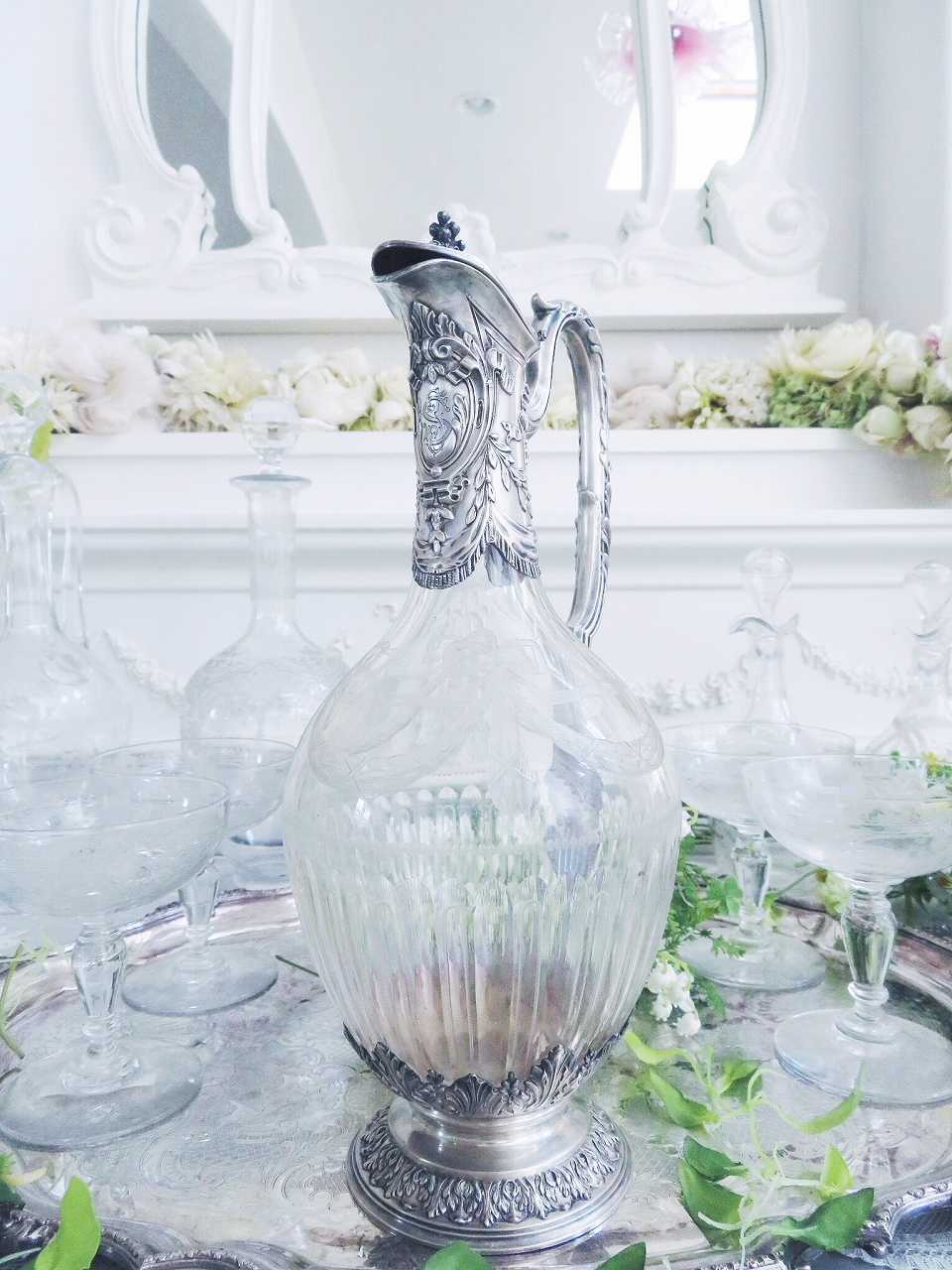 1962年英国 定価9万◇J.A.キャンベル カットガラス デキャンタ 純銀装飾