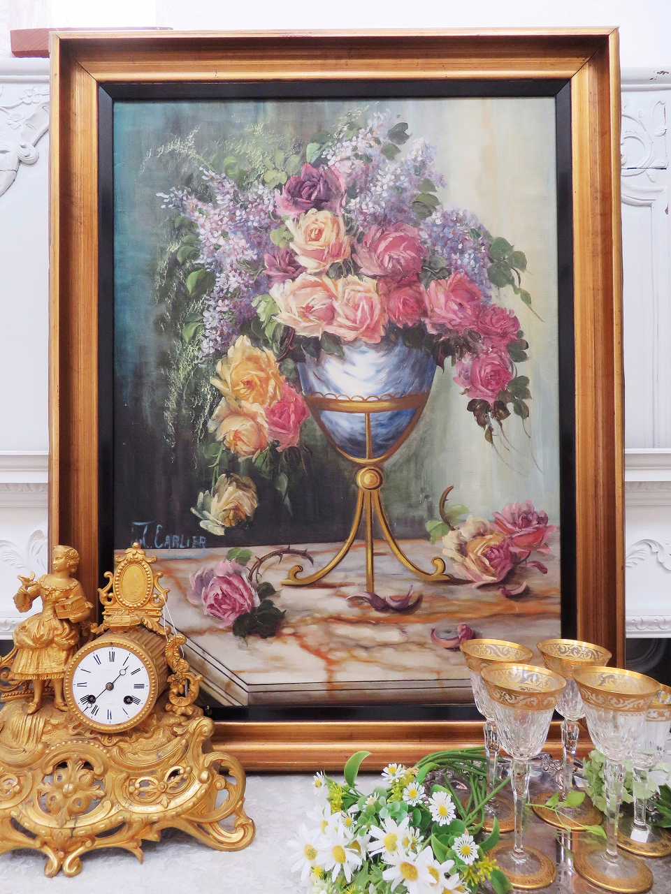 ガラスの花瓶に生けた花の静物画（油絵肉筆画）（680×680） ガラスの