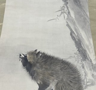 小杉放庵直筆紙本掛け軸共箱付き(題名霜の河雀) 小杉放庵直筆紙本