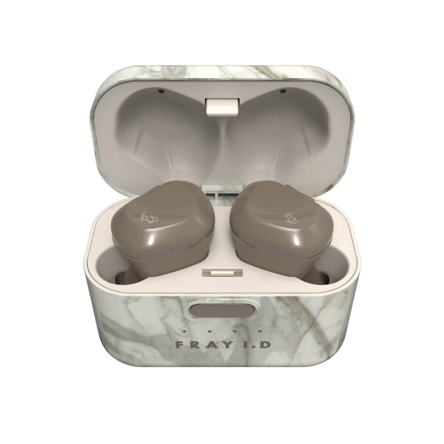 フレイ アイディー限定ワイヤレスイヤホン“マーブル模様”のケース入り