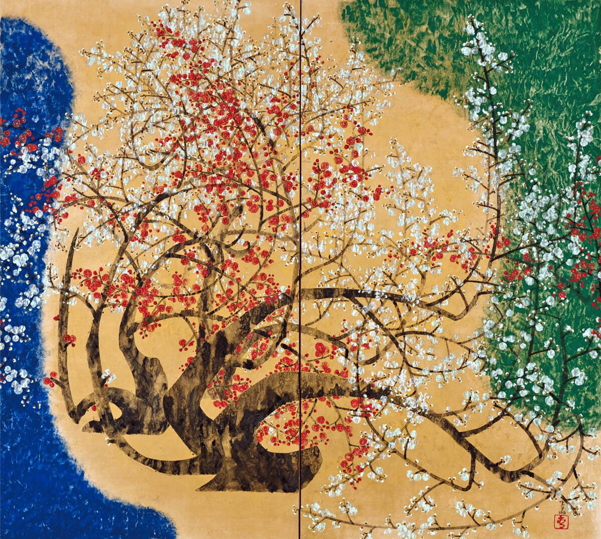 前田青邨「紅白梅に山雀」シルクスクリーン（孔版画）/文化勲章/近代