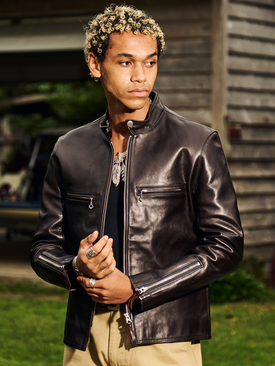 ブラックレザージャケット スタンドカラー ラムレザースタンドカラー