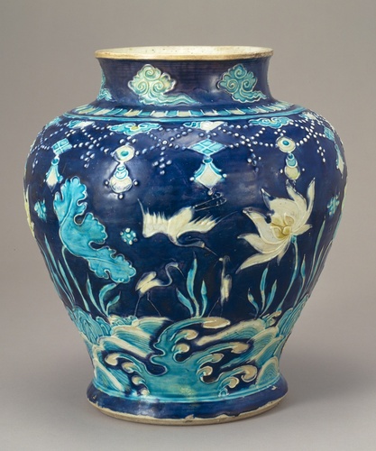 中国美術 青花 湖山清遠 景徳鎮 在銘 花器(K-A389) 中国美術 青花 湖山