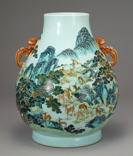 古伊万里 里帰り品 大型飾り壺 金彩粉彩 女人唐花図 獣双耳壷 輸出用