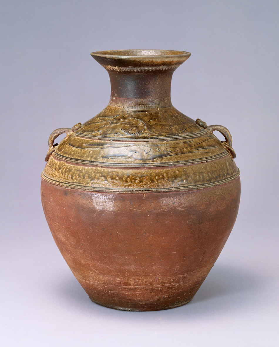 旧家蔵出 中国美術 灰釉刻花鳥文双耳壺 収蔵品詳細 双