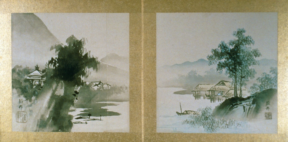 橋本雅邦 水墨画 【 夏景山水図】 子息 橋本永邦極め箱 落款照合済