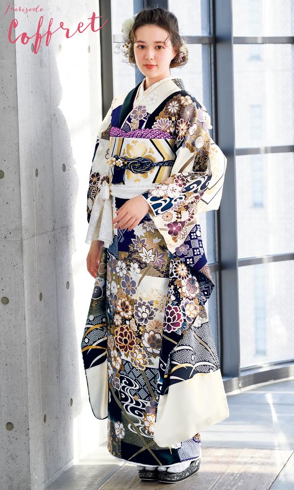 振袖濃紺 花柄と金箔の孔雀柄振袖長襦袢付きH102 振袖濃紺 花柄と金箔